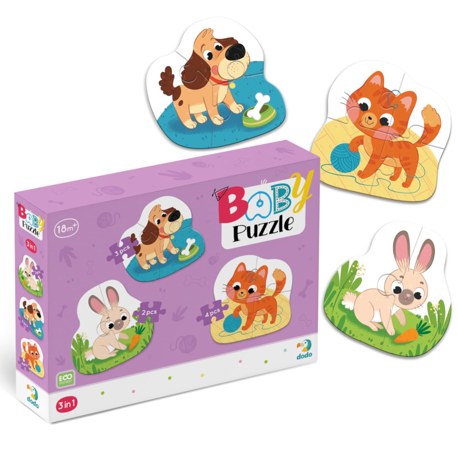 DODO Puzzle 3in1 Haustiere, 18M+