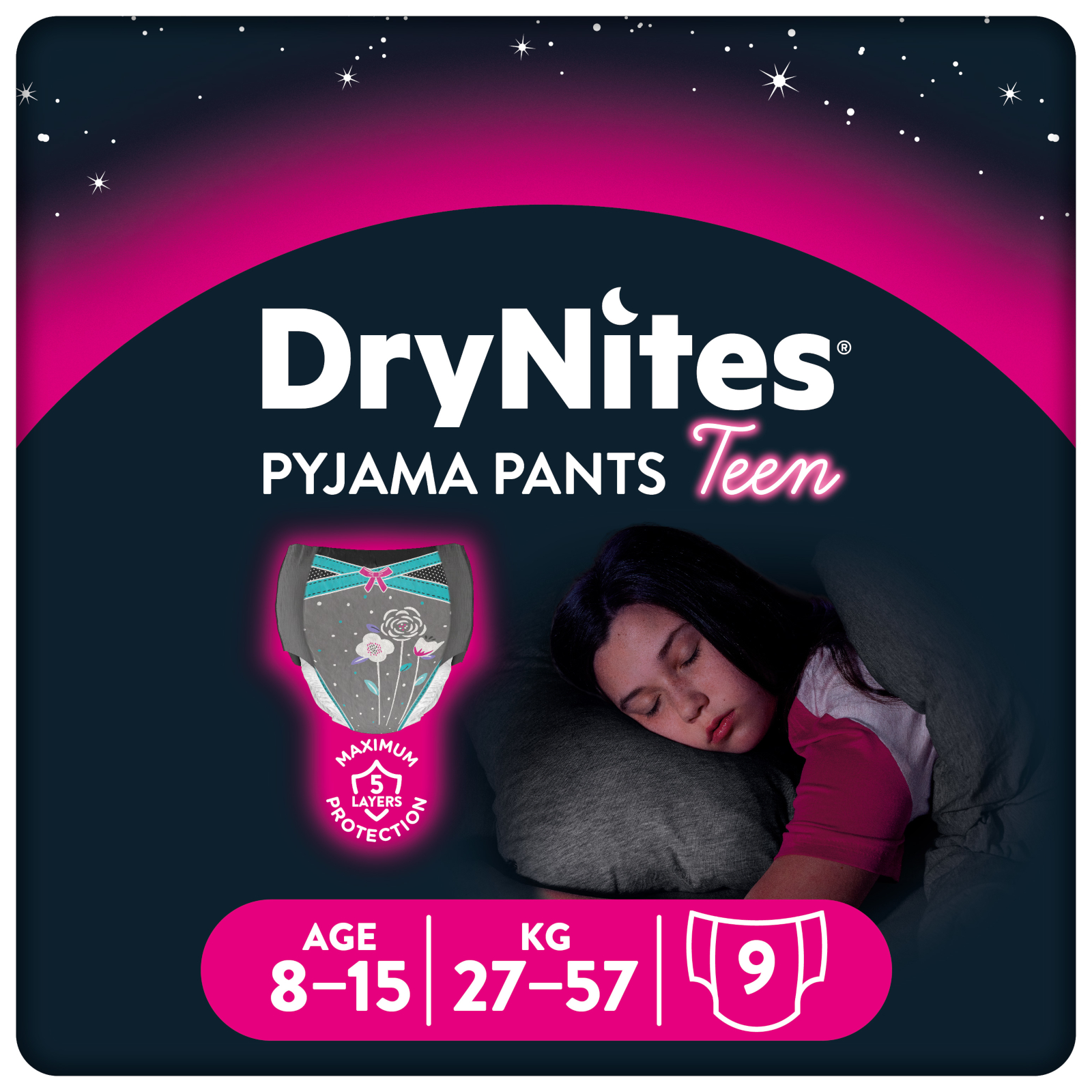HUGGIES DryNites Nachthöschen, 8-15 Jahre (27-57 kg), 9er Pack, Mädchen