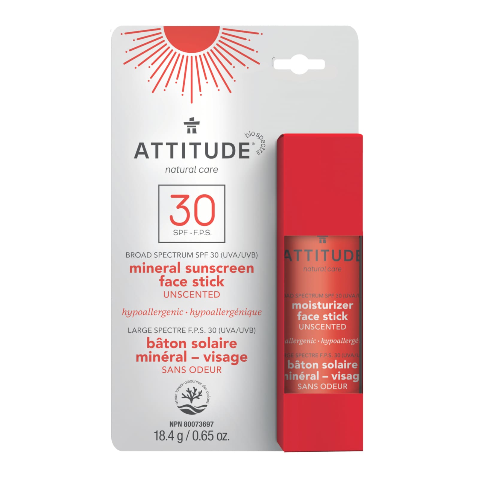 ATTITUDE Stick solaire minéral visage SPF30 sans parfum 18.4g